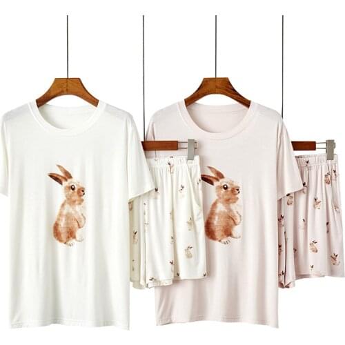 Modal Shorts Pajamas Set Female Summer Round Neck Cute Cartoon Rabbit Printed Short-sleeved Shorts Home Suit Women Pijamas