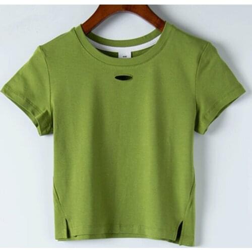 GGRIGHT 2021 Summer Short Sleeve Crop Top Women Solid Basic Y2K Pink Slim Green O Neck Sexy HOLE T Shirts Casual Fashion Split
