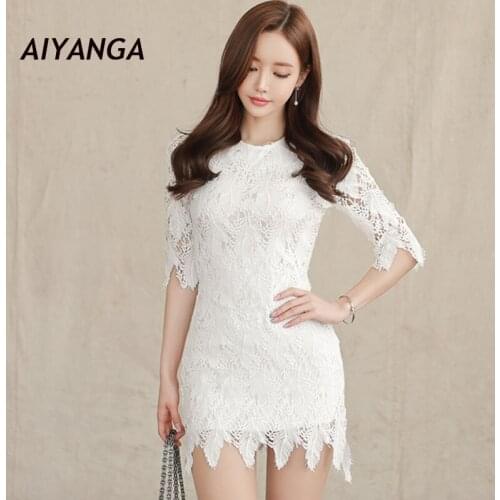 High quality Sexy White Lace Dress For Women 2018 Spring Summer Slim Pack Hip Short Dresses Elegant Ladies Half Sleeve Sheath