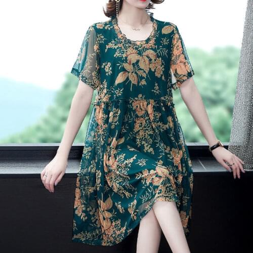 2021 New 4XL Plus Size Dress Print Casual Summer Dress O-Neck Elegant Chiffon Short Sleeve Vintage Dress Women Vestidos Y865