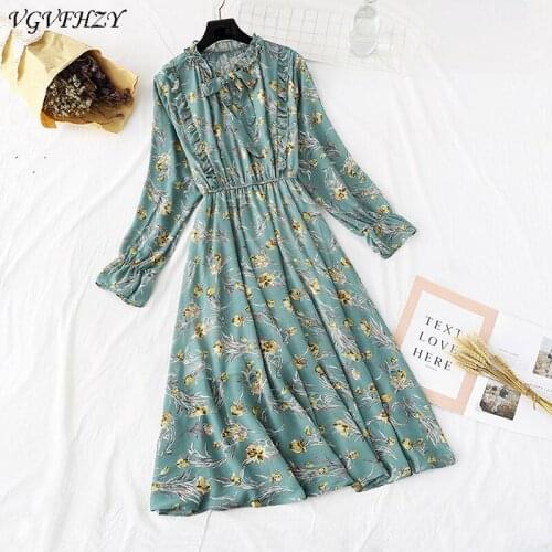 Womens Dresses Spring Summer 2020 Long Sleeve A-Line Print Floral Chiffon Dress Fashion long Dress Elegant Party Vestidos