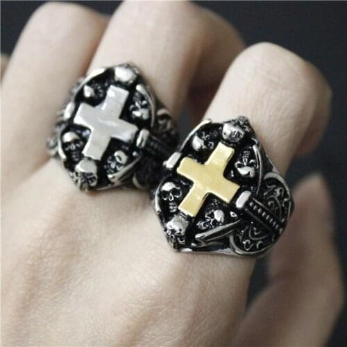 2017 New Fashion Skull Head Cross Ring 316L Stainless Steel Jewelry Fashion Gothic Cool Style Skull Biker Ring