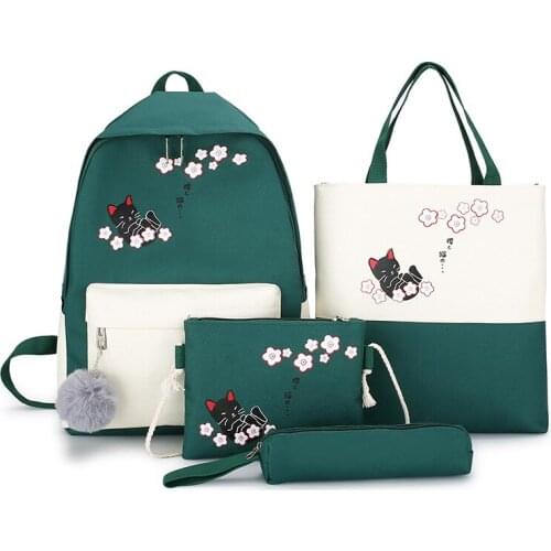 4Pcs/set Cat Printing Canvas Cute School Bag For Teenagers Girls Student Larger Capacity Women School Backpacks Female Book Bags