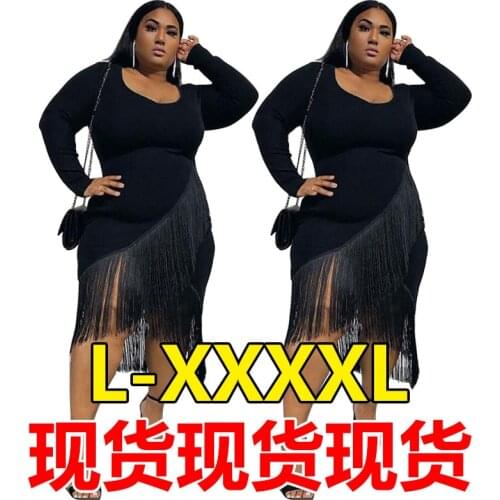 Large Size Women Sexy Solid Color Long Sleeve Tassel Sexy Dress Nightclub Irregular Party Night Club Skirt Elegant Evening Wear