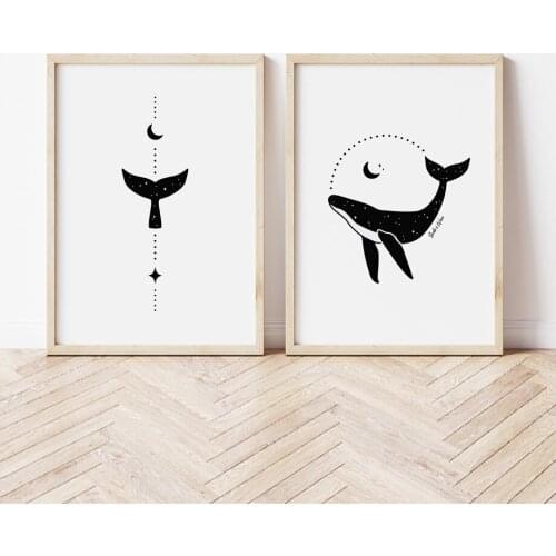 Black White Cartoon Animals Marine Life whale Wall Art Print paper Canvas Painting Nordic Poster Decor Pictures For Living Room