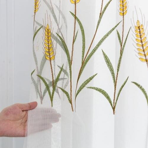 Gold Wheat Embroidered Tulle Curtain For Living Room Farm Plant Barley Pattern Translucent Veil Balcony Window