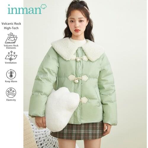 INMAN Womens Down Jacket Sweet Kawaii Young Style Retro Lamb Wool Lapel Warm Thermal Light Green Female Winter Coat