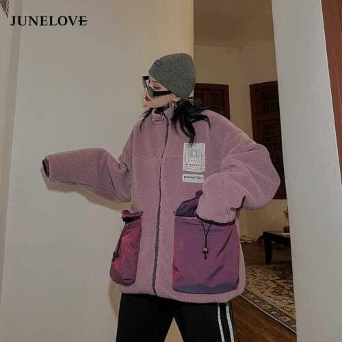 JuneLove 2021 Solid Padded Reversible Wool Jacket Women Harajuku Winter Oversized Lady Casual Lambswool Unisex Faux Fur Coat