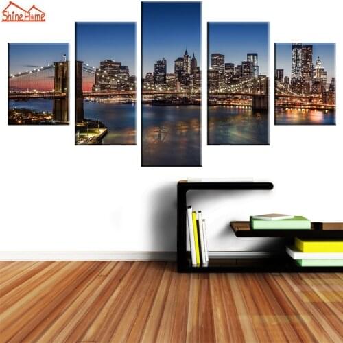 ShineHome-5pcs Oil Printing Prints Painting on Canvas Modern NYC Night City Building Wall Living Room Household Walls Decoration