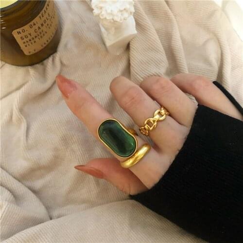 925 Sterling Silver Green Stone Gold Color Rings Retro Distressed Opening Handmade Ring Fashion Fine Jewelry