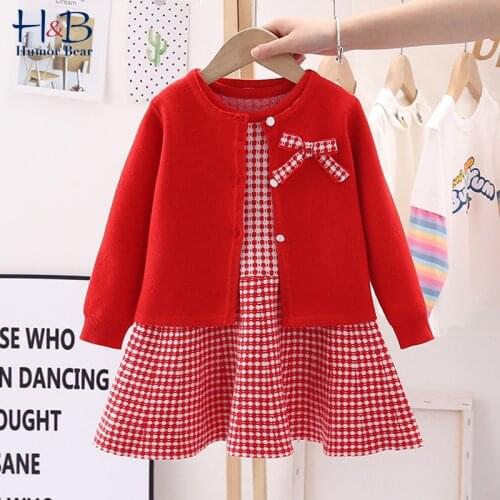 Humor Bear Girls' Clothing Sets New Autumn Long Sleeve Knitted Cardigan+ Sleeveless Plaid Sweater Dress2Pcs Warm Kids Clothes