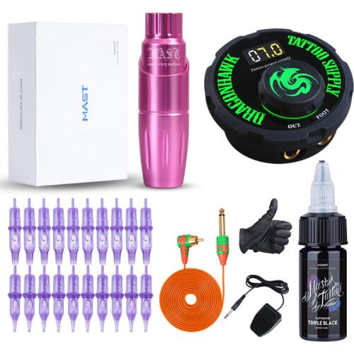 Pink Mast Mini Permanent Makeup Tattoo Machine Pen Rotary Gun Set Kit with LCD Dual Power Supply PRO Cartridge Needles Supplies