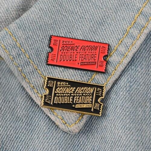 New SCIENCE FICTION DOUBLE FEATURE red black movie ticket brooch rock horror science fiction cinema special brooch