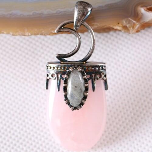Charm Necklace Pendant Natural Gem Pink Crystal Labradorite Oval Bead Antique Crown Half Moon Jewery Gift 1Pcs K780