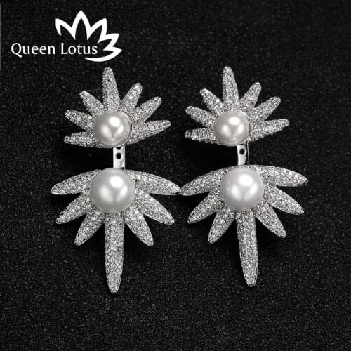 Queen Lotus Brand Sun pearl Anti-allergic Silver Stud Earrings 2017 Fashion Zircon earrings Party Earrings for Women gift