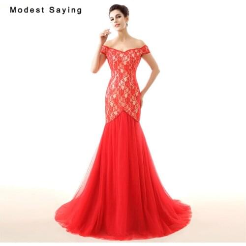 Sexy Backless Red Mermaid Off the Shoulder Lace Evening Dresses 2017 Formal Women Birthday Party Prom Gowns vestidos de festa