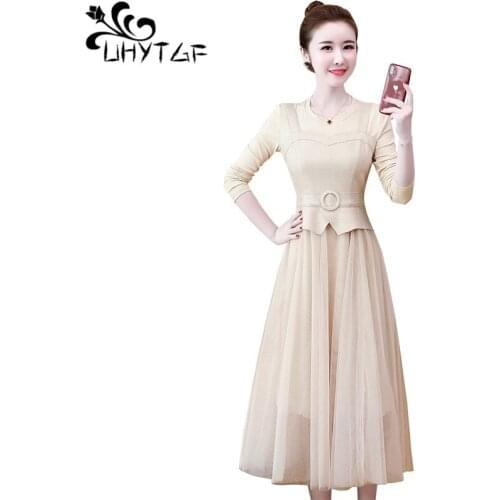 UHYTGF Spring new Fashion Elegant party style Dresses Womens 4XL Plus size Korean Round neck Chiffon Dresses Women Dresses X758