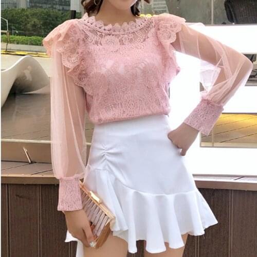 New Spring Women Lantern Sleeve Mesh Shirt Floral Ruffles Hollow Out Lace Blouse Female Long Sleeve Bottoming Blouses Tops A1379