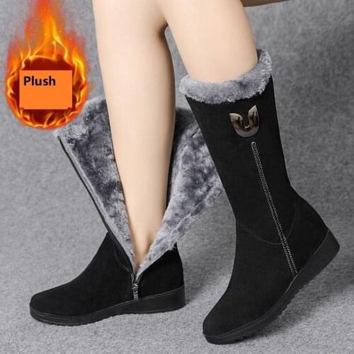 Womens Snow Boots, Winter Cotton Shoes, Plush Warm Side Zipper, Thick Bottom Anti-skid Womens Shoes, Black, Dirt Resistant