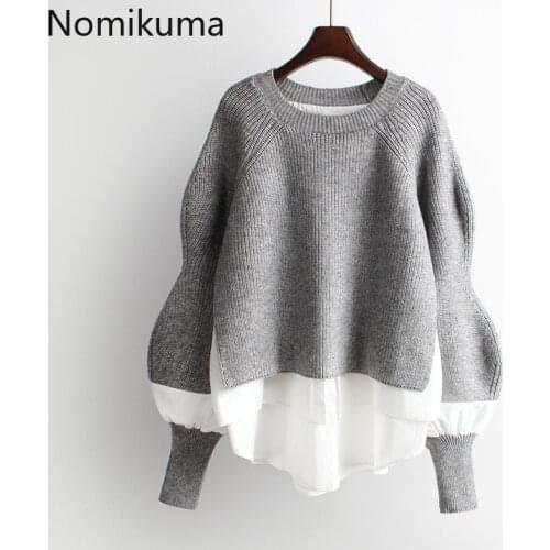 Nomikuma 2021 Autumn Winter Knitted Women Pullover Sweater Causal Patchwork Long Sleeve O-neck Pull Femme Korean Jumpers 6B728