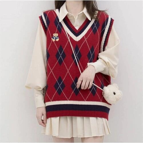 QingWen Fall/Winter Japan College Womens Knitted Vest Retro Gentle V-neck Contrasting Rhombus Sweater Vest Tops Jersey Mujer