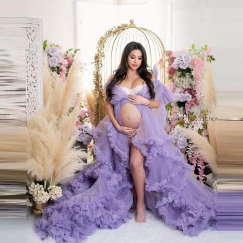 Bridal Lavender Tiered Ruffles Tulle Pregancy Gowns Sexy Open Front Mesh Pregnanty Women Dress Pretty Shoulder Bow Photo Shoot