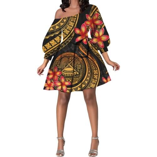 Hycool Samoa Stripe Hibiscus Design Princess Puffy Sleeve Orange Women Bow Dress Sexy Off Shoulder Women Mini Summer Dress 2021