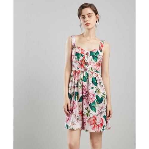 Sweet Petal Buttons Backless Holidays Pleated Runway Dress Women Elegant Pink Floral Printed Spaghetti Strap Overalls Dress