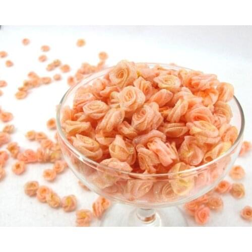 100 Pieces Chiffon Rose Flower Buds|Peach|Pink with Silver Glitter|Flower Applique|Fabric Flower|Baby Doll|Craft Bow
