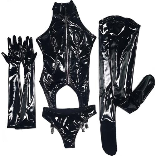 2021 Sexy Passion Suit Nightclub Queen Anime Cosplay Maid Outfit PVC 4PCS Jumpsuit+ gloves +sock+ pants sets Party Sexy Bodysuit