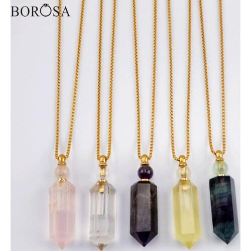 BOROSA Hexagon Natural Stone Perfume Bottle Pendant Necklace 19'' Gold Crystal Amethysts Essential Oil Diffuser Necklace WX1507