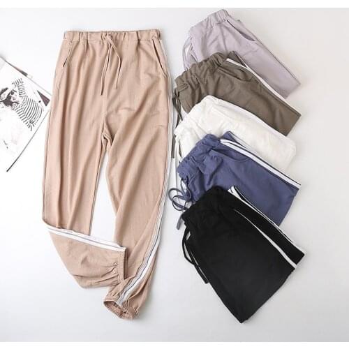 Stripe Pants Women Long Trousers Elastic Big Size High Waist Solid Color Pocket Pant Casual Loose Summer Fashion Clothes