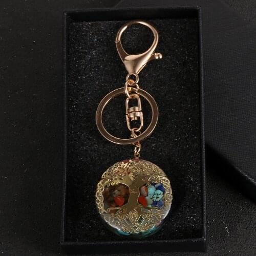 Energy Tree Of Life Orgonite Keychain Men Women Reiki Healing Natural 7 Chakra Stone Crystal Resin Orgone Key Chains Ring