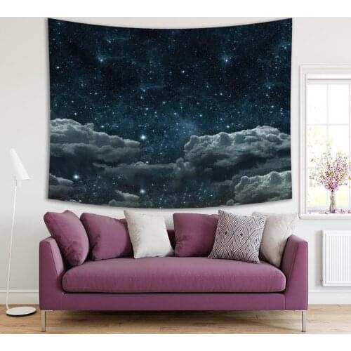 Tapestry Glowing Stars and Dramatic Clouds Mesmerizing Midnight Sky Scenery Cloudscape Illustration Blue Gray