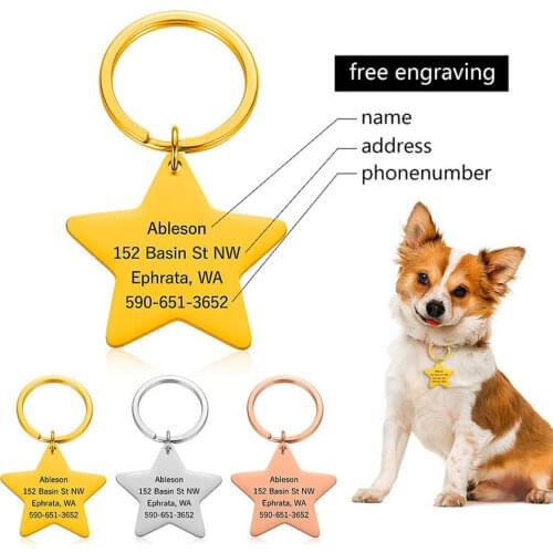 Mumuxing Personalized Pet Cat Dog Id Tag Collar Stainless Steel Star Charm Free Engraving Name Number Anti-Lost Pet Supplies
