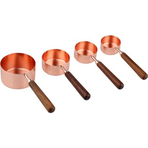 Measuring Cup Baking Supplies Wooden Holder Household Kitchen Multitools Copper Plating Dining Housewife Measuring Spoon 4PCS