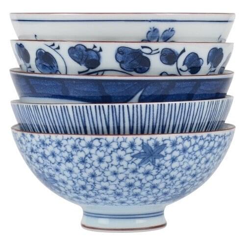 Japanese-style ceramic set bowl 5 pieces of tableware, promotional gifts, hand-painted blue dyed pattern porridge rice bowl