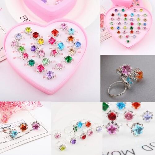 12/24/36 pcs Cute Adjustable Rings Children Girls Pretend Play Makeup Toys Cartoon Crystal Jewelry Alloy Animal Enamel Ring