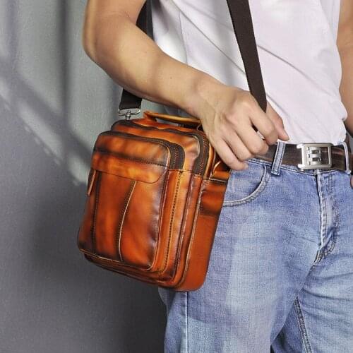 Mens Leather Bag Fashion Retro Mens 8-Inch Outdoor Single-Shoulder Crossbody Bag Running Bag for Summer Travel 3 Colors