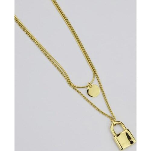 Stainless Steel Gold Love You Lock Key To Heart Disc Pendant Necklace Long Chain Double Layers Necklaces Gift For Him