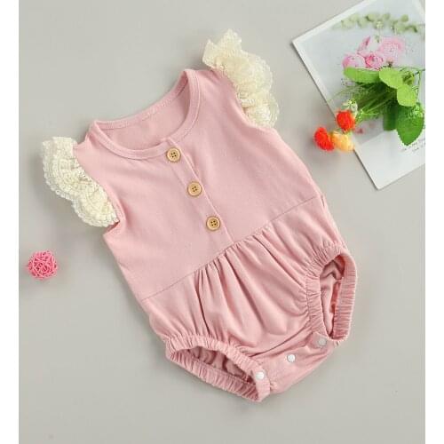 Pudcoco Infant Lace Flying Sleeve Romper Button Folding Decoration Elastic Design Newborn Baby Girl Clothes Summer Romper