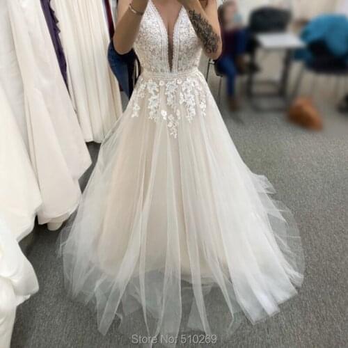 2020 A Line Wedding Dress Vestido De Noiva Princess Open Back Tulle Bridal Gowns Custom Size Lace Appliques Casamento Mairage