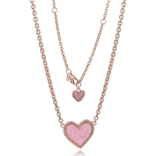 Pink Swirl Heart Collier Necklace Genuine 925 Sterling Silver Necklaces for Women colgantes collares Party Gift Female Jewelry