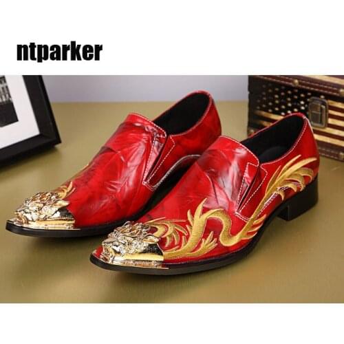 Batzuzhi Rock Punk Mans Shoes Pointed Steel Toe Man Dress Shoes Red Leather Business Shoes for Mens Wedding and Party, 38-46