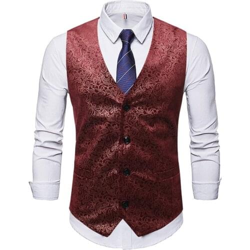 Wine Red Paisley Bronzing Vest Men Single Breasted V-Neck Wedding Suit Waistcoat Men Gothic Aristocrat Steampunk Vest Male 3XL