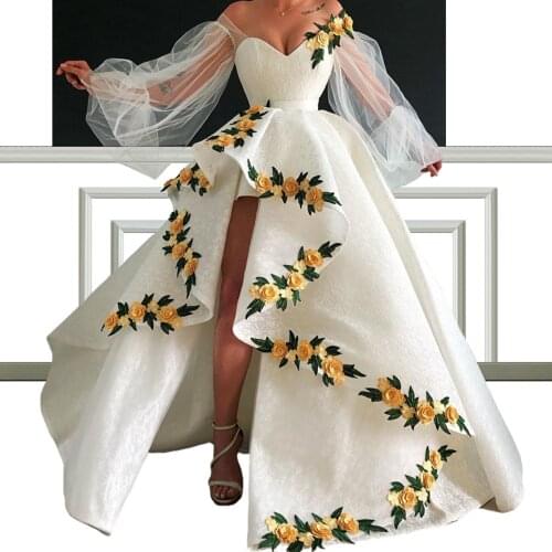 High Quality White Lace Celebrity Dress With Flowers Sweetheart Tulle Long Sleeve Red Carpet Ceremony Gowns Runaway Gowns