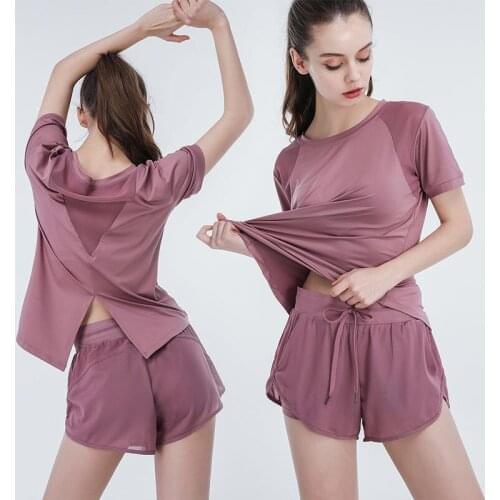 Yoga Set Women Short Sleeve Shirt Tops Loose Solid Pocket Shorts Pants Outfits Gym Fitness Quick Dry Sports Clothes Summer 2 Pcs