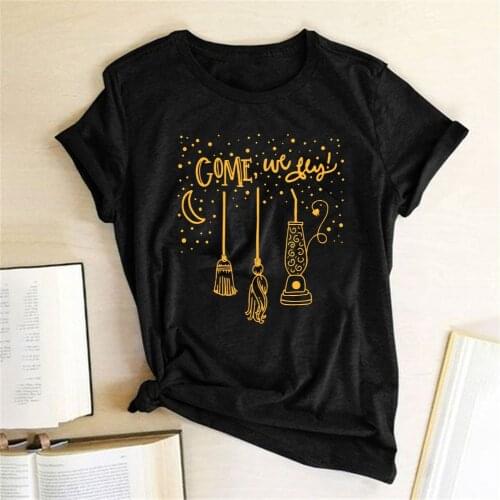 Come We Fly Print Funny Women T Shirt Short Sleeve Halloween Shirt for Women Harajuku Witch Graphic Tee Shirt Femme Y2k Mujer