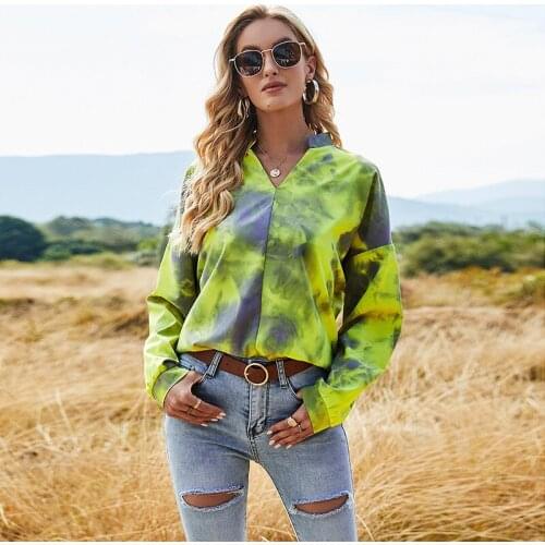 Elegant Women Tie-dye Print T-shirt Top Spring Autumn New Long Sleeve V-neck Casual Loose Pullover Tee Female Pink Yellow Mujer