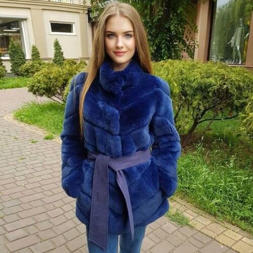 Pretty Girl Rex Rabbit Fur Coat With Belt Women Natural Fur Jacket Warm Fashion Overcoat